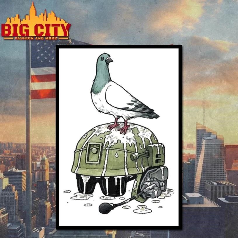 Pigeon Pooping On Military Tactical Helmet Funny Cartoon Shirt