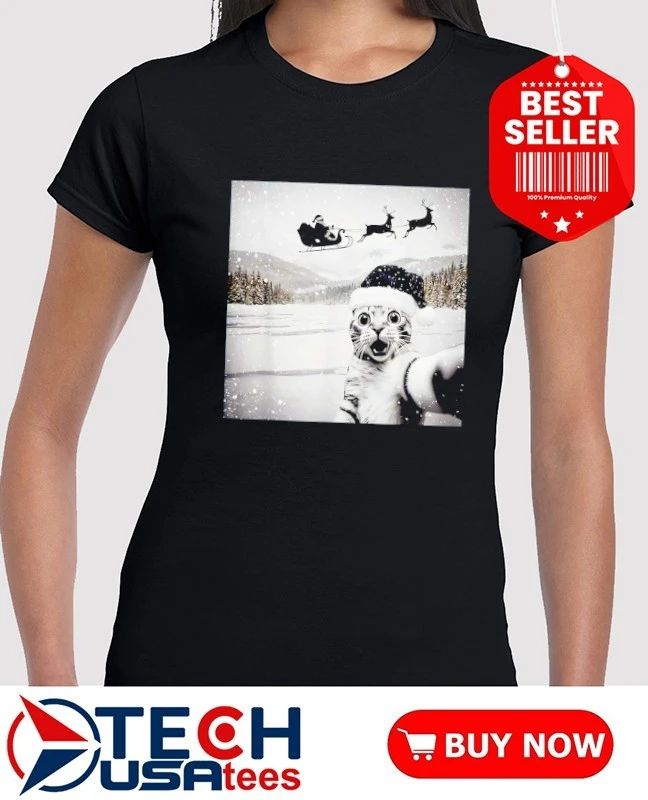Cat selfie with Santa Christmas meme shirt