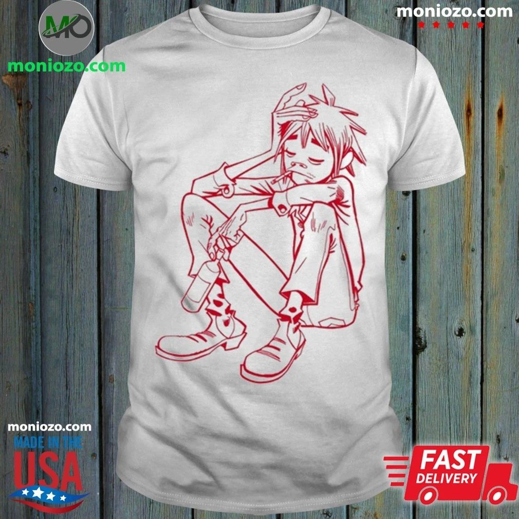 Original Gorillaz 2D Red Line Drawing Character Sketch T-Shirt