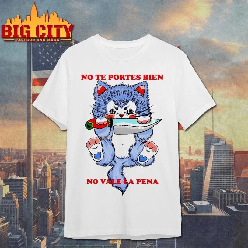 No te portes bien no vale la pena funny rebellious anime blue cat with knife shirt