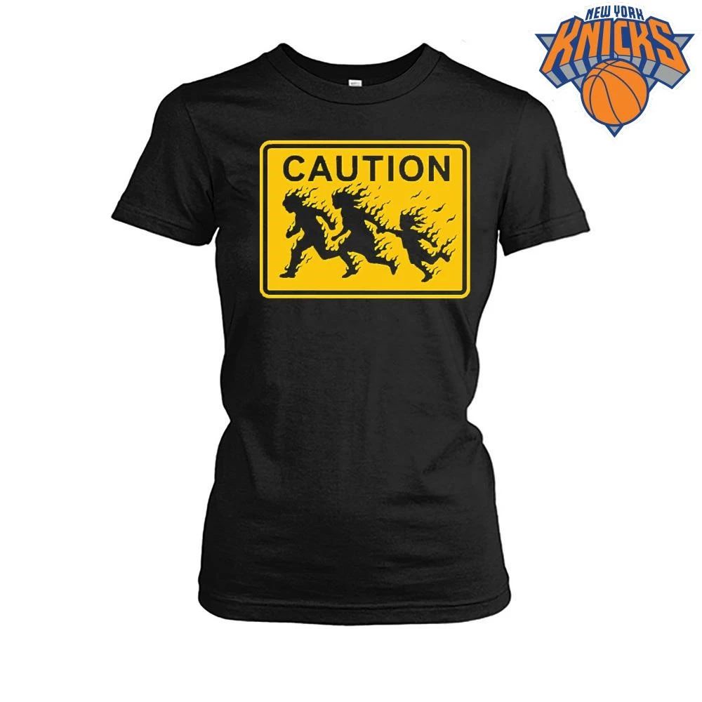 Caution People On Fire Running Warning Sign Graphic Streetwear Shirt