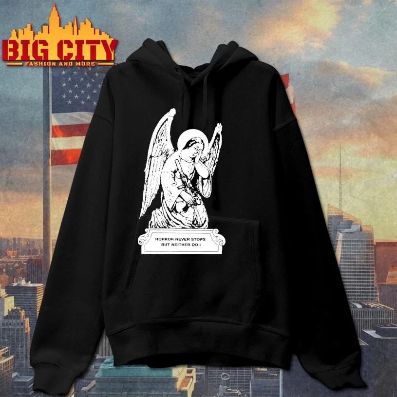 Angel with Gun Horror Never Stops But Neither Do I Gothic Graphic shirt