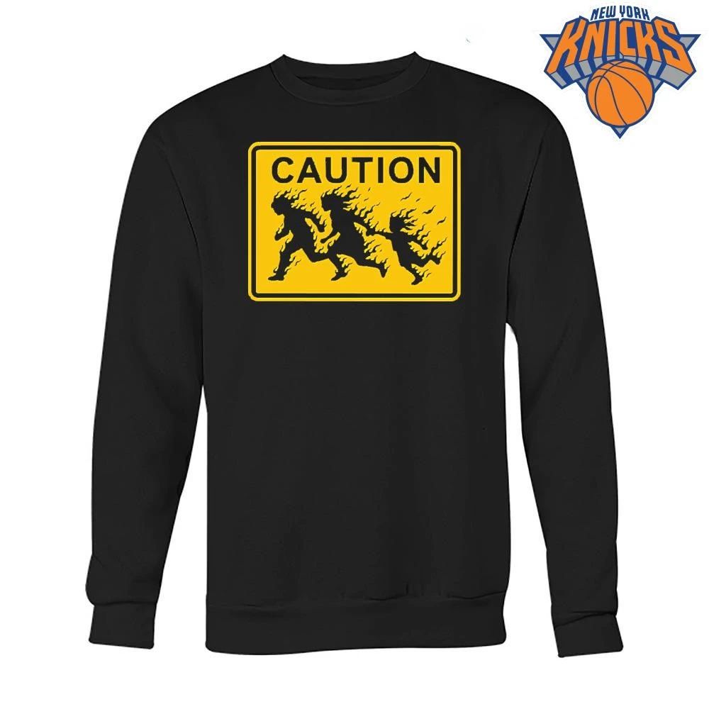 Caution People On Fire Running Warning Sign Graphic Streetwear Shirt