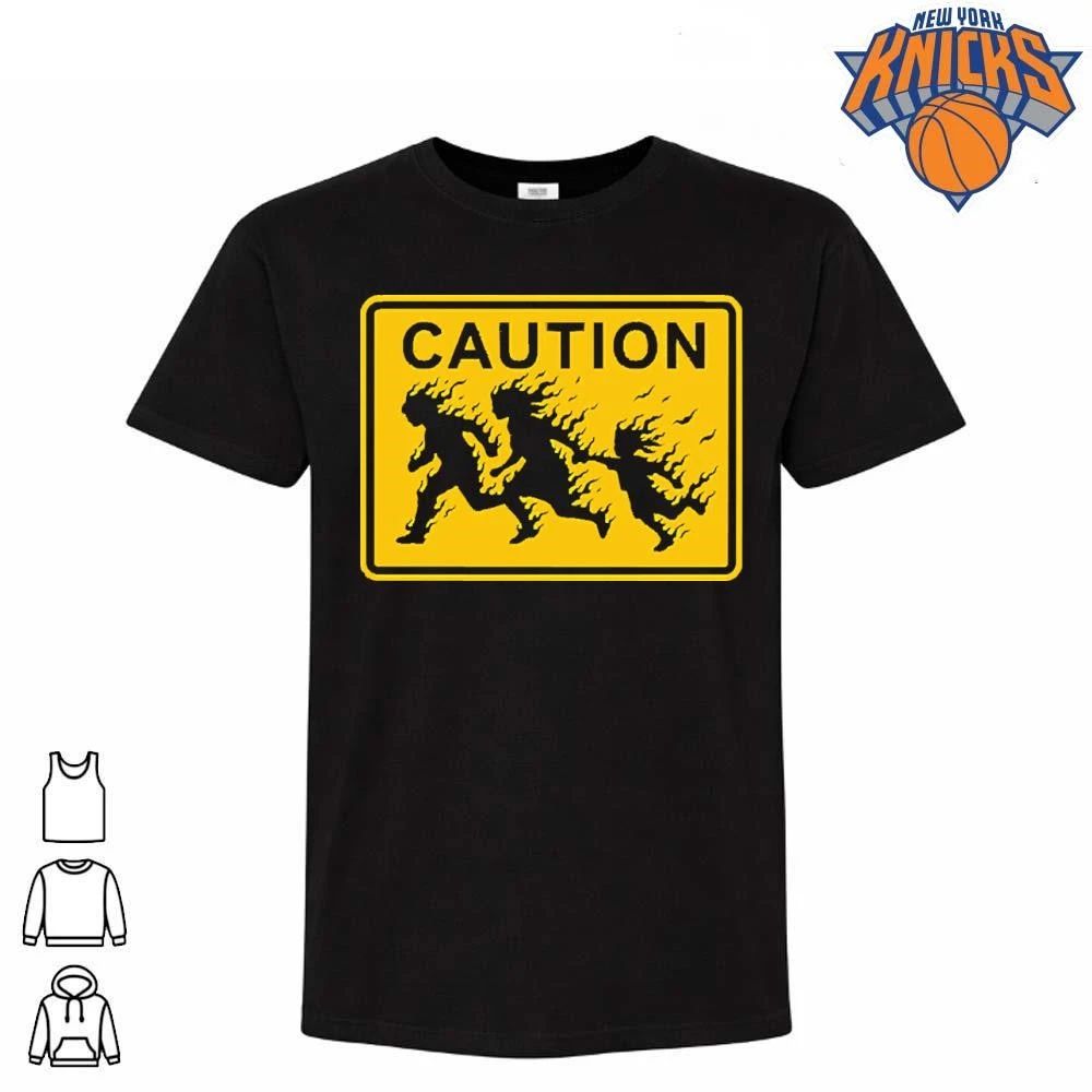 Caution People On Fire Running Warning Sign Graphic Streetwear Shirt