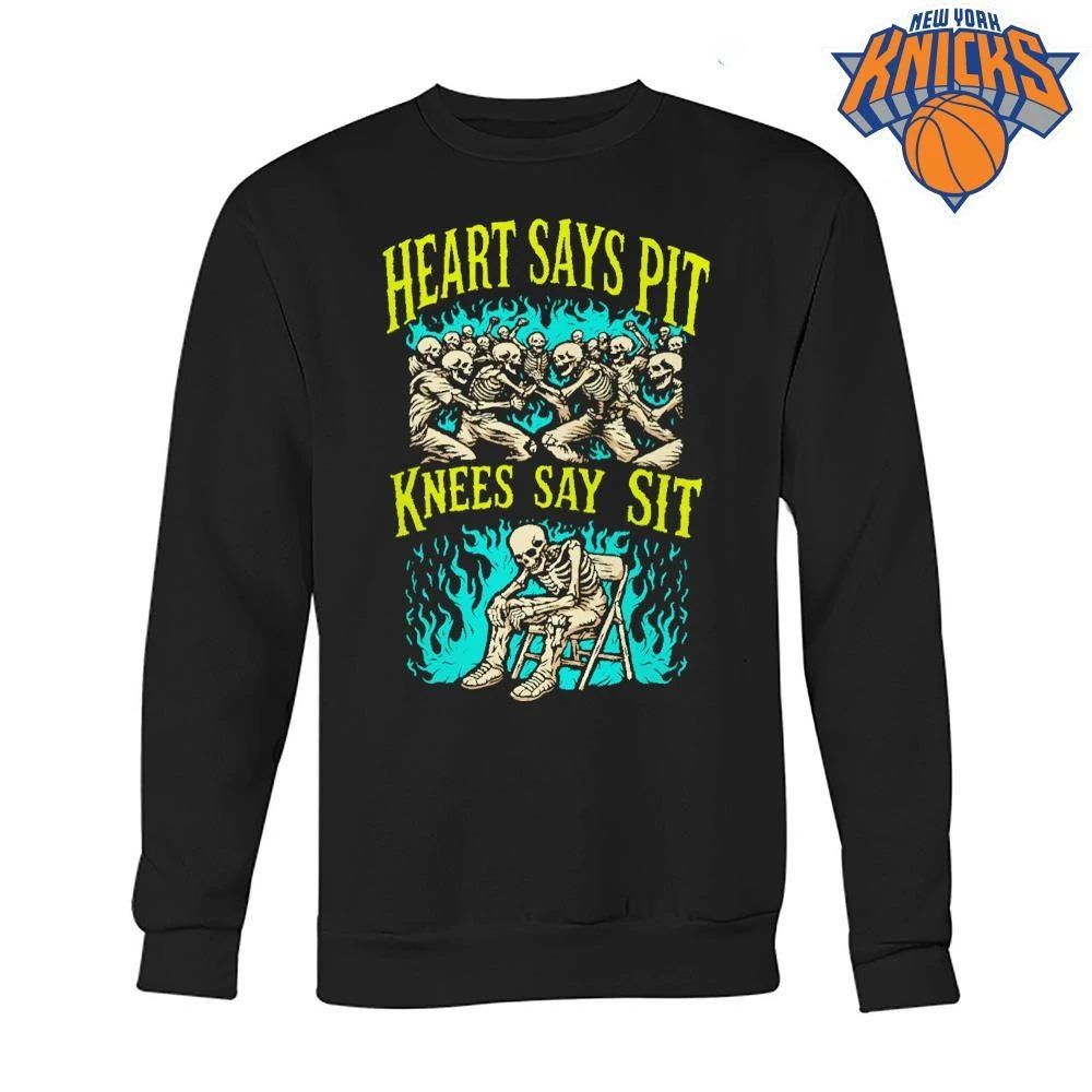 Heart Says Pit Knees Say Sit Funny Heavy Metal Skeleton Concert Mosh Pit Shirt