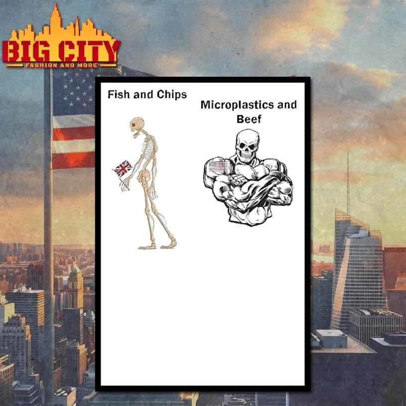 Fish and Chips vs Microplastics and Beef British American Chad Skeleton Meme Shirt