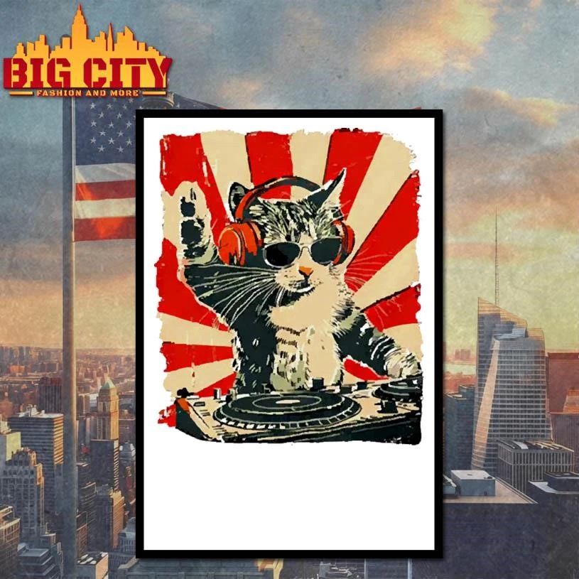 Vintage DJ Cat with Headphones Sunglasses and Retro Sunburst Japanese Style T Shirt