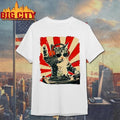 Vintage DJ Cat with Headphones Sunglasses and Retro Sunburst Japanese Style T Shirt