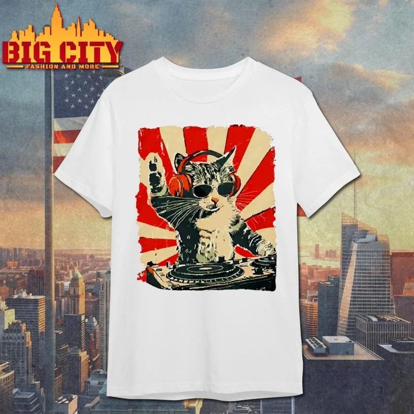 Vintage DJ Cat with Headphones Sunglasses and Retro Sunburst Japanese Style T Shirt