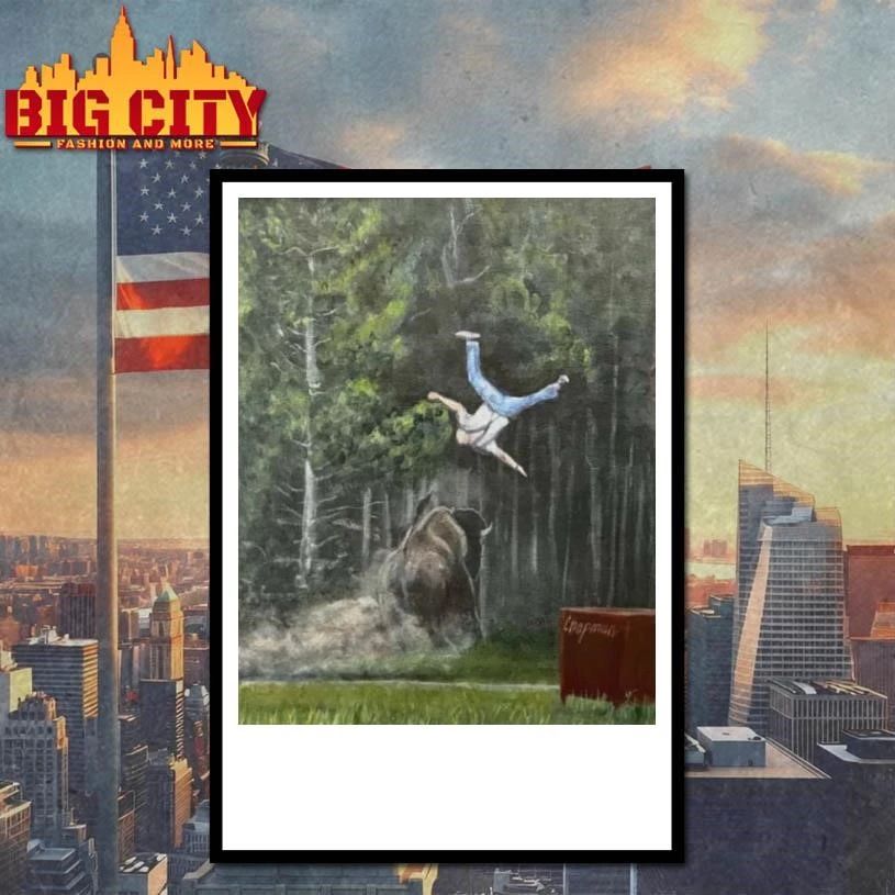 Man Flying Flipped By Charging Bison Painting Graphic Shirt