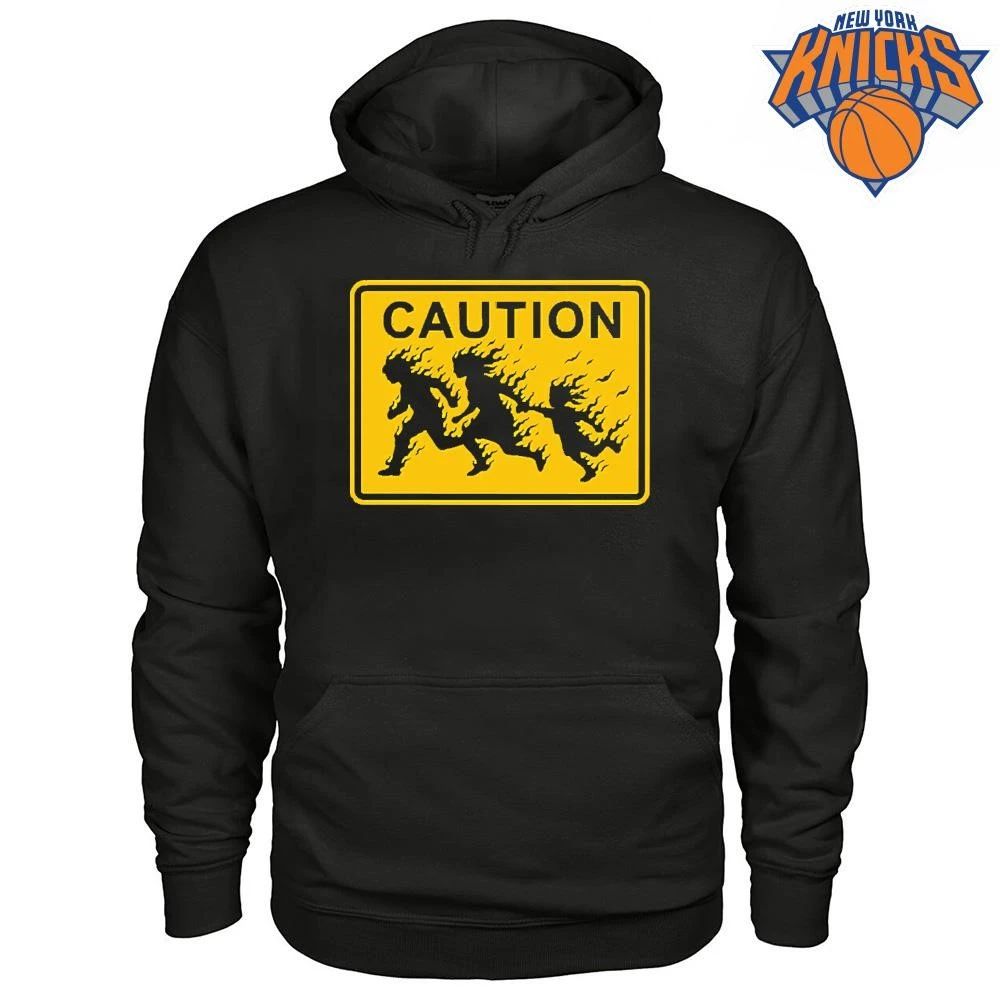 Caution People On Fire Running Warning Sign Graphic Streetwear Shirt