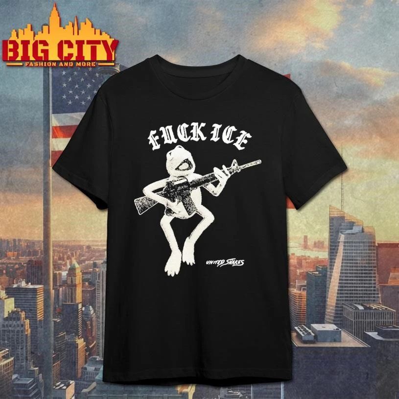Kermit Frog With Gun Fuck Ice United Snakes Anti Authority Protest Meme Graphic Shirt
