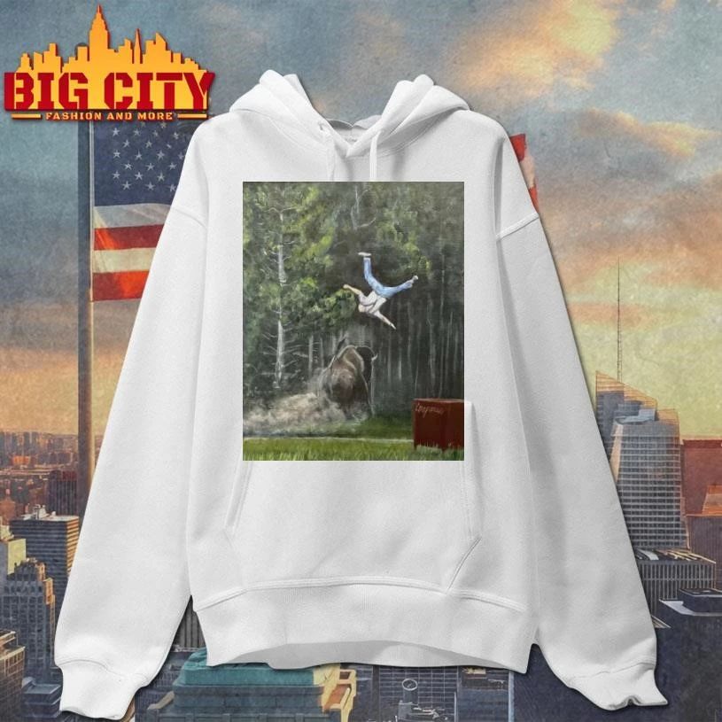 Man Flying Flipped By Charging Bison Painting Graphic Shirt