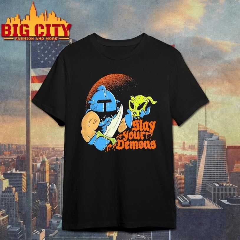 Vintage Slay Your Demons Fantasy Knight and Dragon Skull Graphic Shirt