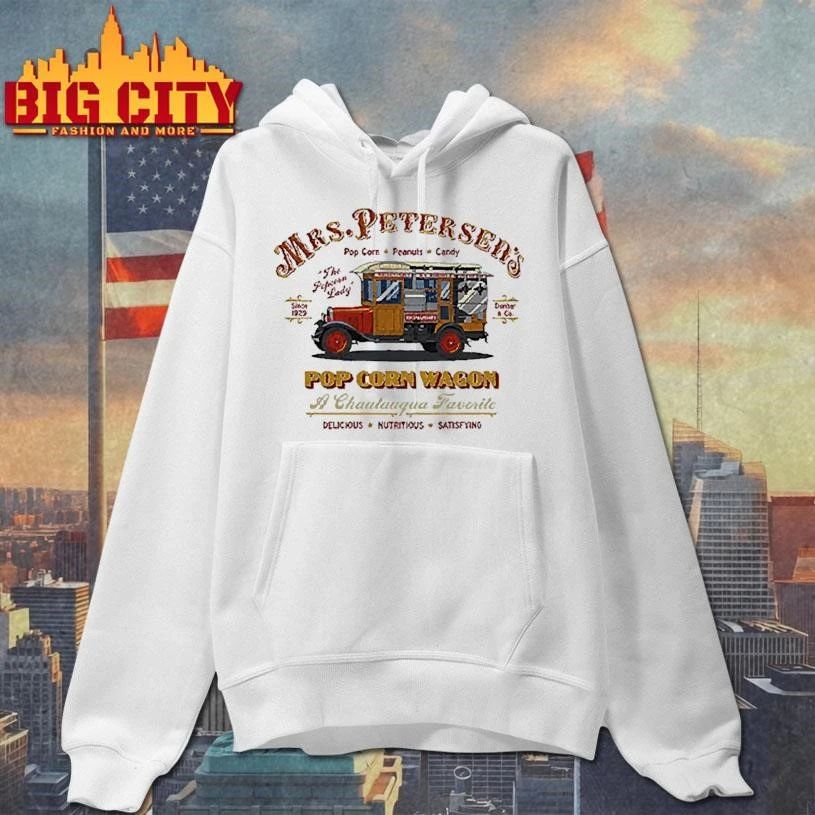 Mrs. Peterson’s Pop Corn Wagon The Popcorn Lady Since 1929 Chautauqua Favorite Vintage Popcorn Truck Graphic T Shirt