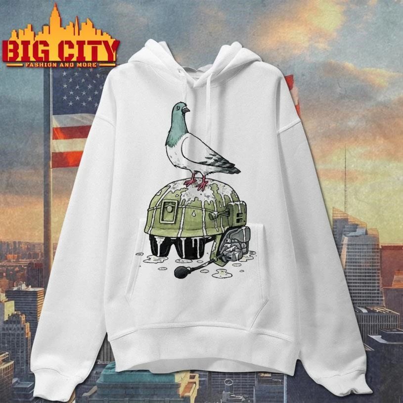 Pigeon Pooping On Military Tactical Helmet Funny Cartoon Shirt