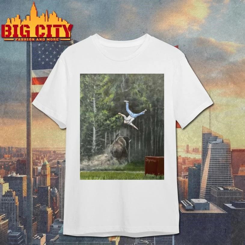 Man Flying Flipped By Charging Bison Painting Graphic Shirt