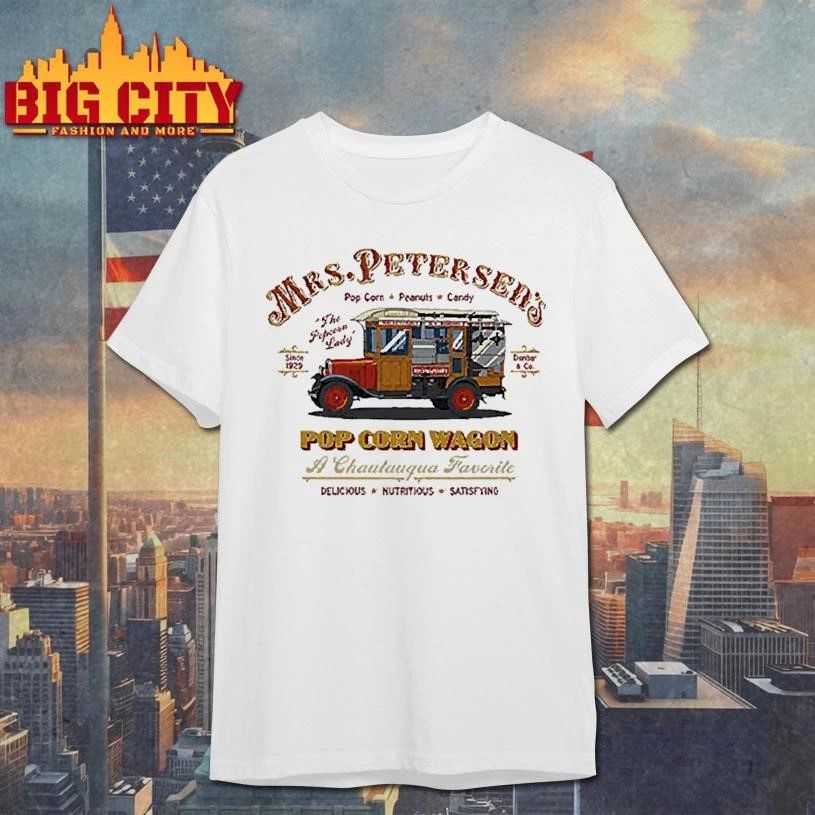 Mrs. Peterson’s Pop Corn Wagon The Popcorn Lady Since 1929 Chautauqua Favorite Vintage Popcorn Truck Graphic T Shirt