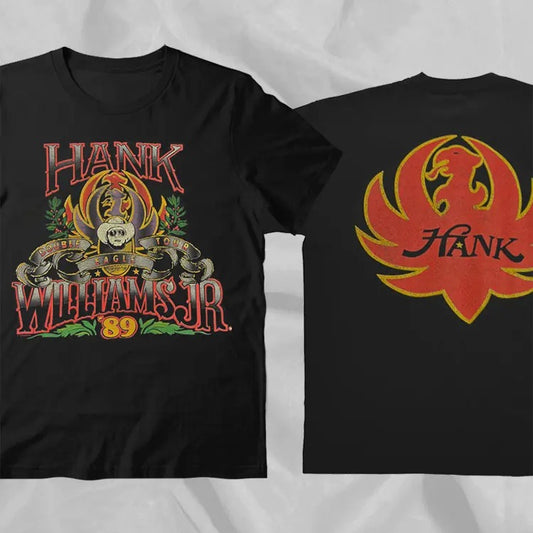 vintage hank williams jr double eagle 1989 tour black double sided t-shirt
